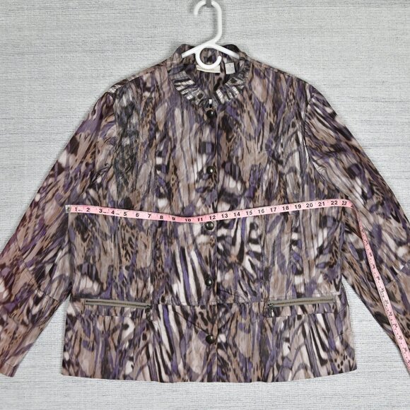 Chicos Sz3 80s Animal Print Zebra Boho Snap Zip Pocket Purple Windbreaker Jacket - Picture 14 of 16